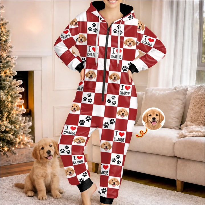 Custom Photo Onesie Pajamas - Personalized Christmas Birthday Gifts For Dog Cat Lovers, Dog Dad And Mom, Cat Owners - Sleep, Eat, Repeat
