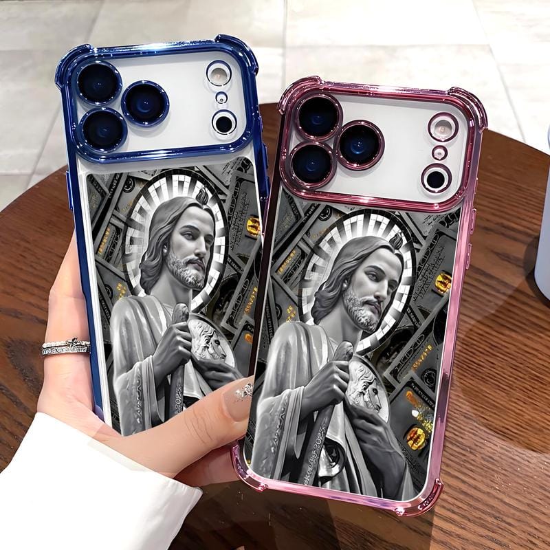 San Judas Tadeo Electroplated TPU Shockproof Phone Case for iPhone X–17 Pro Max