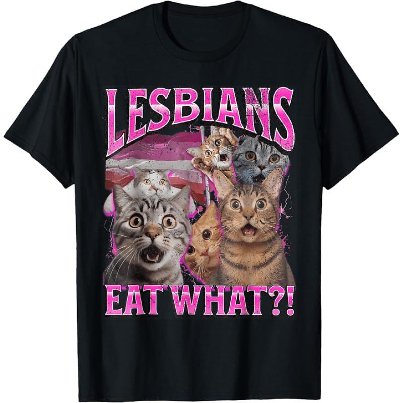 T-Shirt mit dem Aufdruck „Lesben essen was“ – lustige Katze, Gay Pride, LGBTQ-Wortspiel 