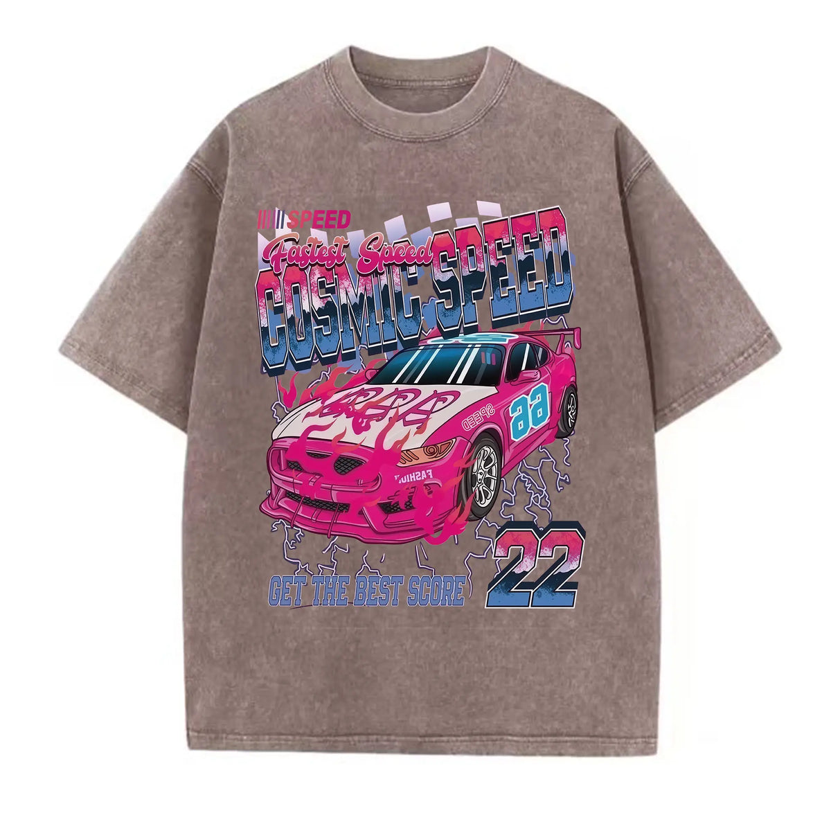 Cosmic Speed 22 Vintage Washed Racing Graphic T-Shirt Pink Race Car Oversized Tee