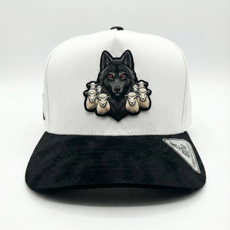 Alpha Wolf Hat Lobo Entre Ovejas Corrido Style Snapback Premium Black & White Cap with Wolf Patch