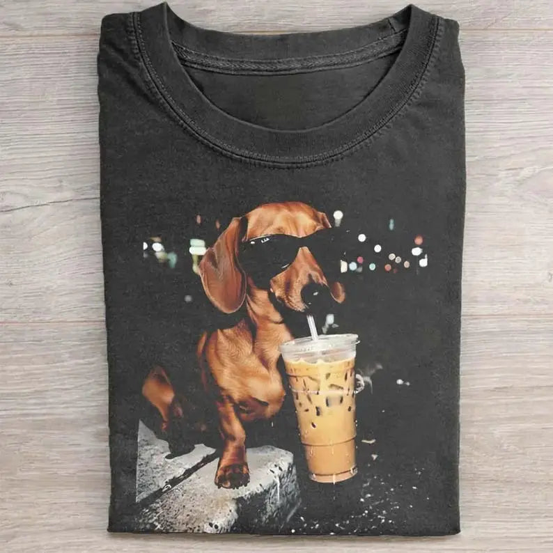 Comfort Colors Funny Dachshund Drinking Iced Coffee Vintage T-shirt Wiener Dog Owner Gift Retro Tshirt