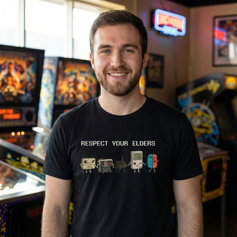 Funny "Respect Your Elders" Retro Gamer T-Shirt. Nostalgic 90s Pixel Art Controller Graphic Tee.  oversize Trend  Gift for Him Her Unisex Cotton Top
