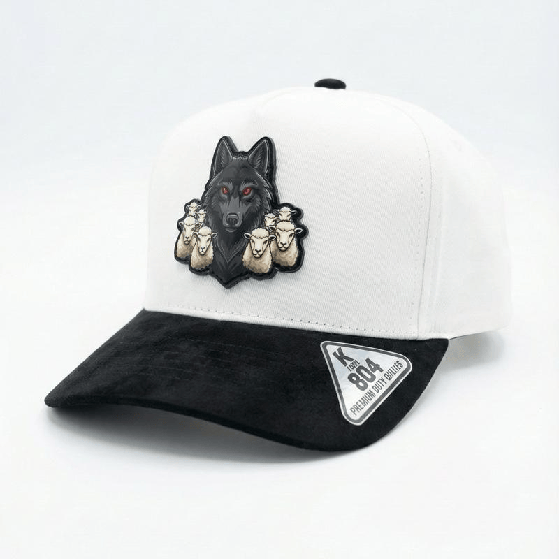 Alpha Wolf Hat Lobo Entre Ovejas Corrido Style Snapback Premium Black & White Cap with Wolf Patch