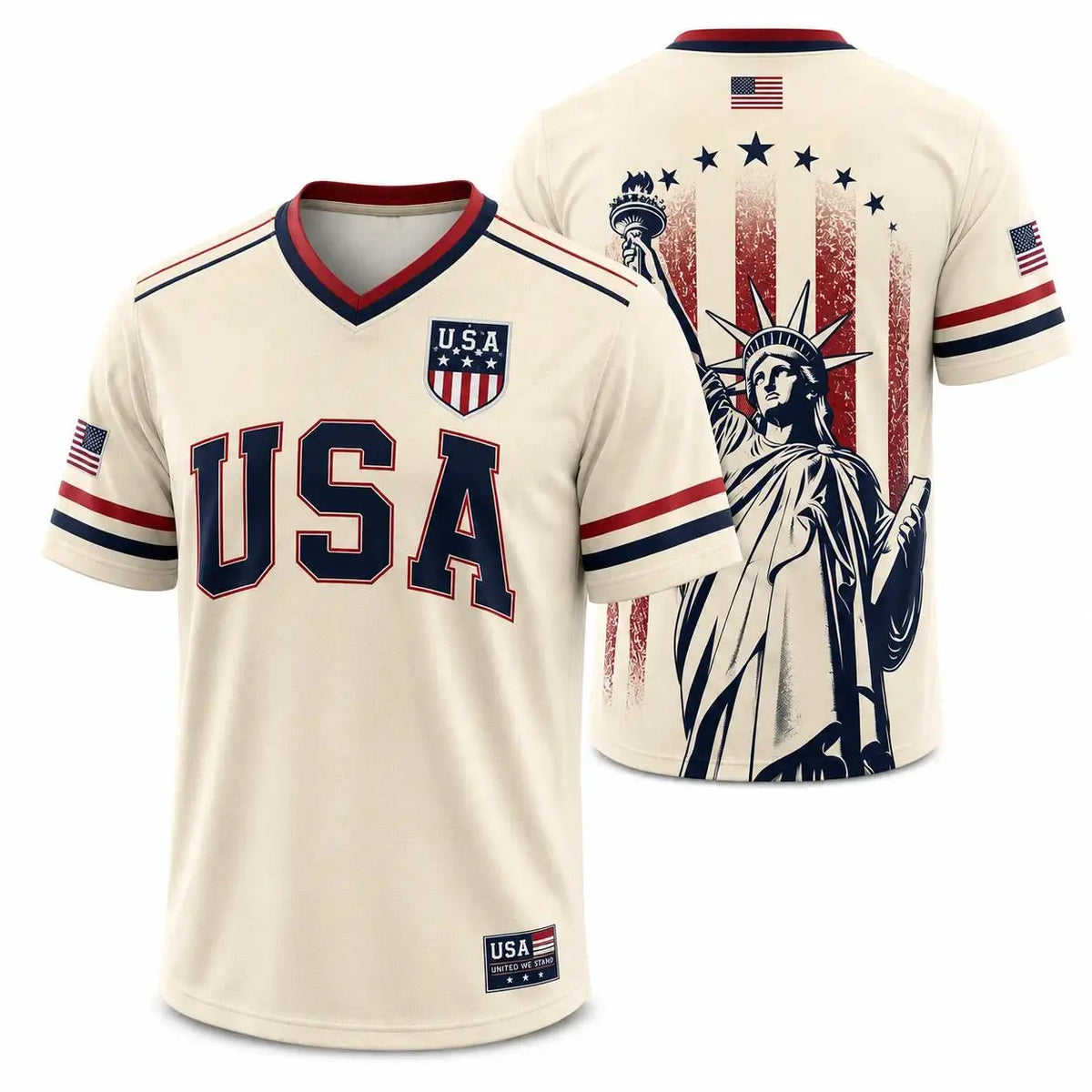 USA Flag Soccer Jersey for Men & Women with Statue of Liberty Graphic V-Neck Athletic Tee