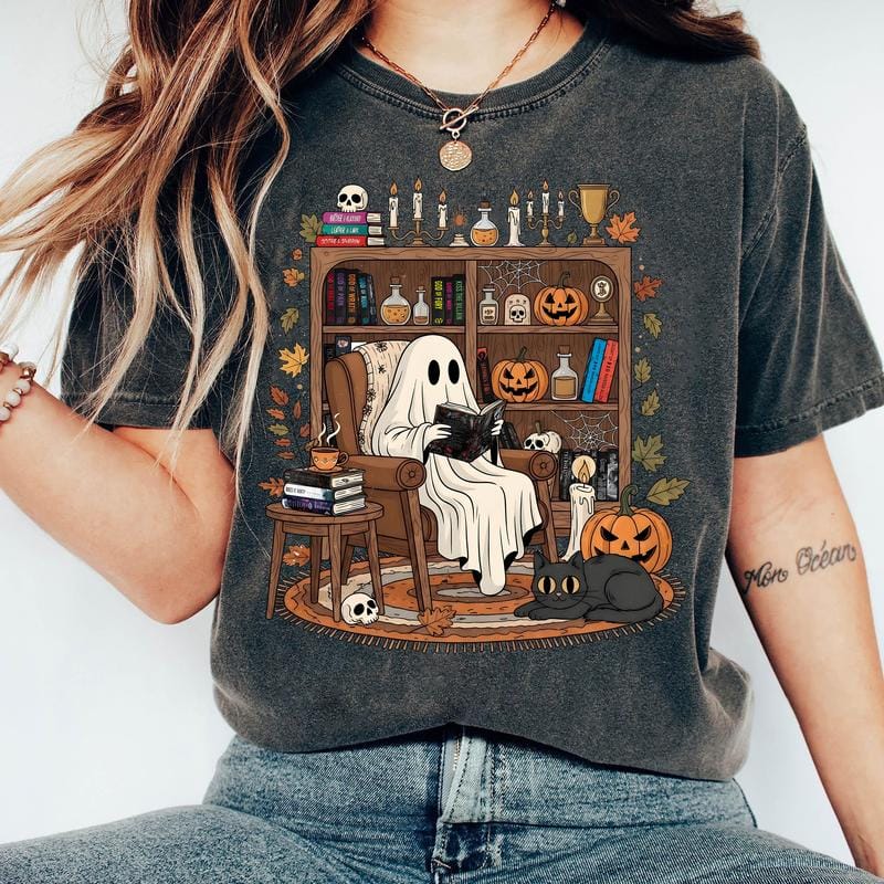 Retro Cozy Ghost Reading Halloween T-Shirt, Haunting Adeline Sweatshirt, Fall Library Boo Ghost Hoodie