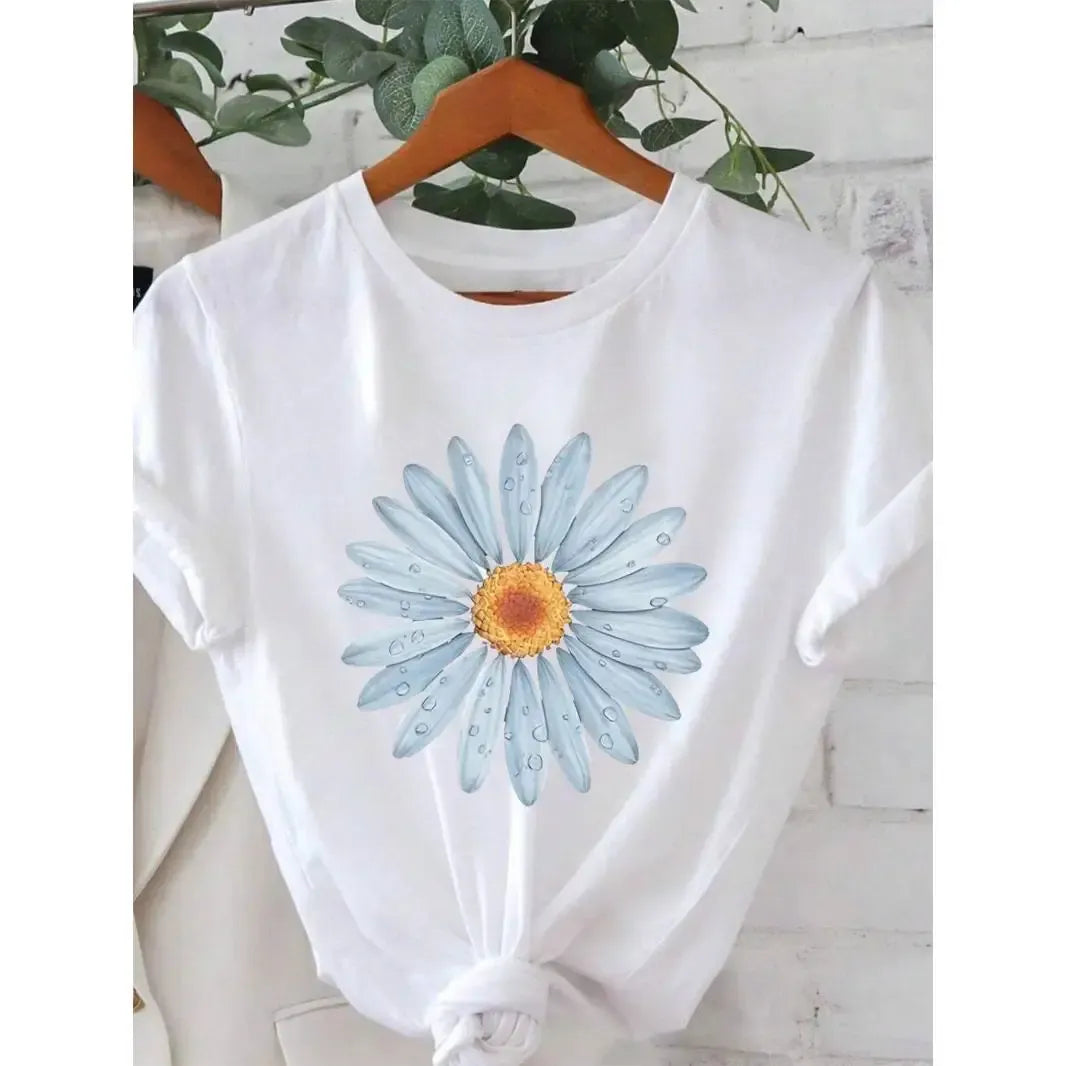 Womens Short Sleeve Graphic Tee Blue Daisy Flower Print Crewneck Casual Summer Top Soft Breathable Lightweight Everyday Vacation Beach Streetwear