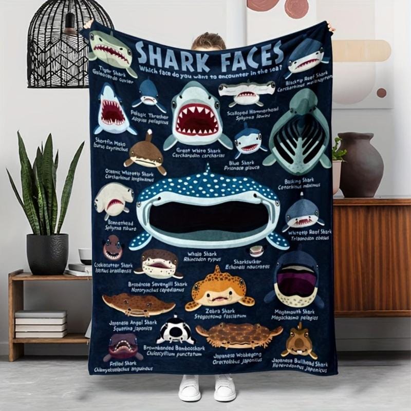 Soft Funny Throw Blanket Coastal Style Shark Faces Flannel All-Season Knitted,Multipurpose For Travel,Camping,Sofa Animal Theme Printed Blanket