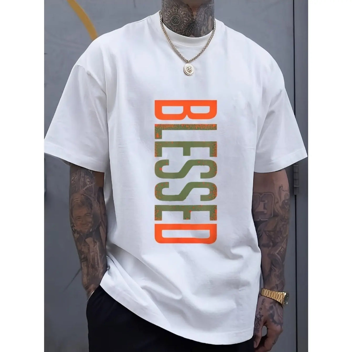Men's Plus Size Casual Crew Neck T-Shirt - Geometric-Pattern, Smooth Cotton Knit Fabric, Medium Stretch - Short Sleeve Tee for Leisure & Everyday Wear | Breathable Comfort Fit | Machine Washable