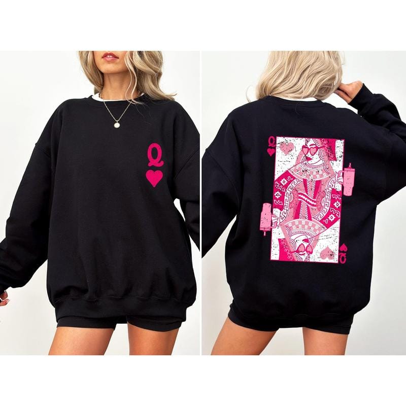 Queen of Hearts, Cards, Games, Valentine's Day Sweatshirt, Crew Neck, Women's, Crewneck, Valentine's Day, Love, Heart, Cupid Casual Long Sleeve