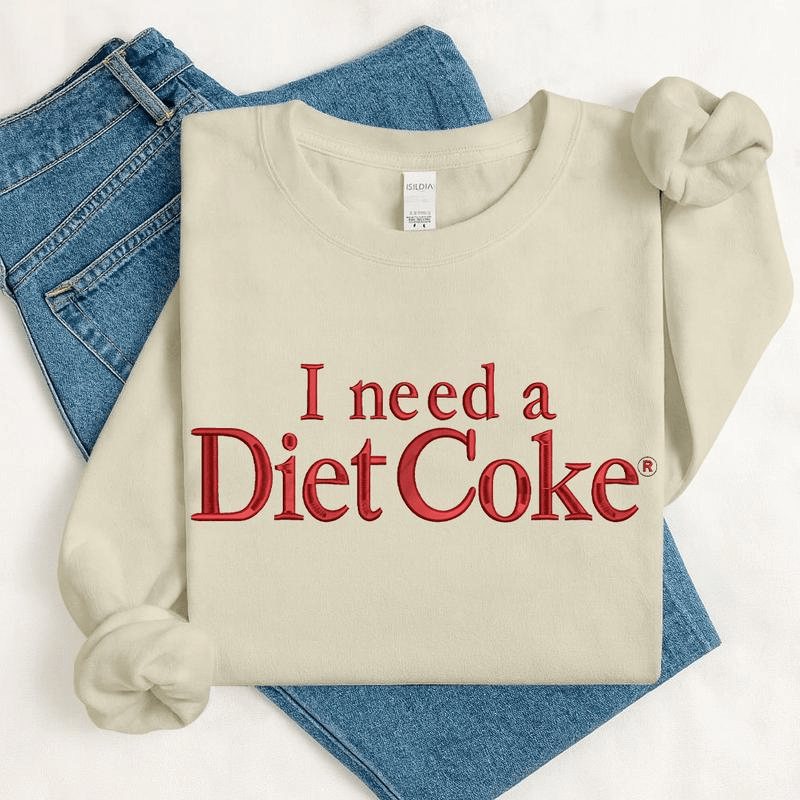 Embroidered I Need a Diet Coke Sweatshirt – Fashion Casual Long Sleeve Crewneck Pullover, Trendy Soda Lover Gift, Fun Bride Sweatshirt for Women