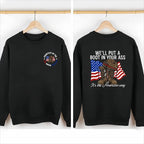 T - shirt with “WE'LL PUT A BOOT IN YOUR ASS” slogan, American flag & military boot graphic, front “CONTEST OF THE RED WHITE AND BLUE” design