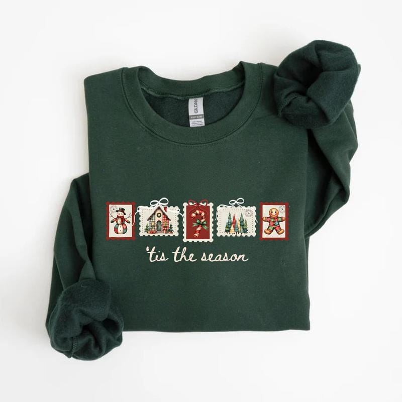 Retro Winter Stamp Sweatshirt, Patchwork Christmas Stamps Sweater, Coquette Christmas Sweatshirt, Winter Stamp Sweatshirt