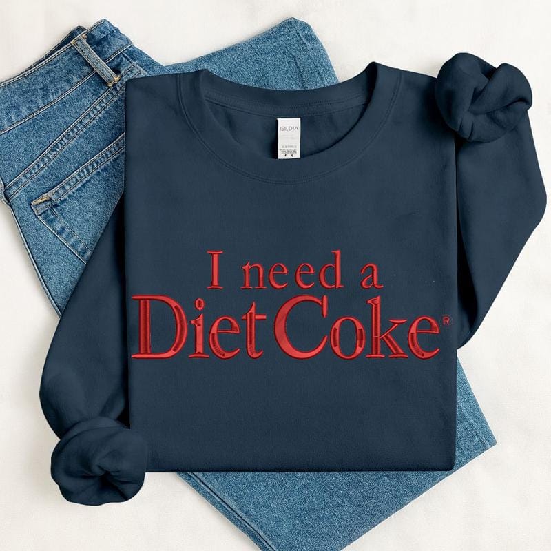 Embroidered I Need a Diet Coke Sweatshirt – Fashion Casual Long Sleeve Crewneck Pullover, Trendy Soda Lover Gift, Fun Bride Sweatshirt for Women