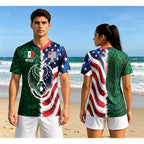 Full Half USA Half Mexico Flag Split Print Soccer Jersey, Binational Eagle Football Shirt, Game Day Outfit, Ideal Gift for Soccer Fans#MexicoUSASoccerJersey#BinationalFootballTop#SplitFlagSoccerShirt#GameDayOutfit#SoccerJersey