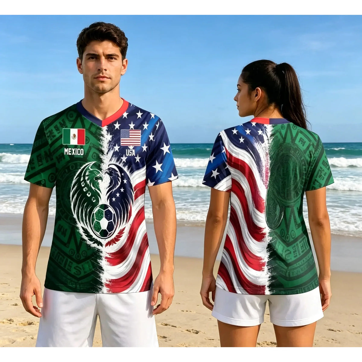 Full Half USA Half Mexico Flag Split Print Soccer Jersey, Binational Eagle Football Shirt, Game Day Outfit, Ideal Gift for Soccer Fans#MexicoUSASoccerJersey#BinationalFootballTop#SplitFlagSoccerShirt#GameDayOutfit#SoccerJersey
