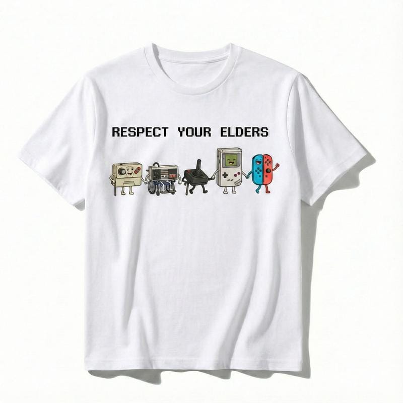 Funny "Respect Your Elders" Retro Gamer T-Shirt. Nostalgic 90s Pixel Art Controller Graphic Tee.  oversize Trend  Gift for Him Her Unisex Cotton Top