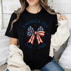 America 250 Stars And Stripes Bow Print T Shirt White Crew Neck Casual Top For Independence Day Celebration