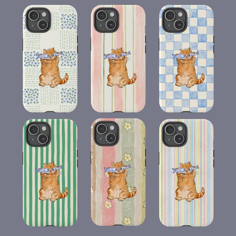 Cute Orange Cat Phone Case with Fish Pastel Pattern Protective Cover Gift for Her Him Many Background Cartoon Phonecover Ocean Sleek Durable UV Printed Shock Resistant TPU Lining