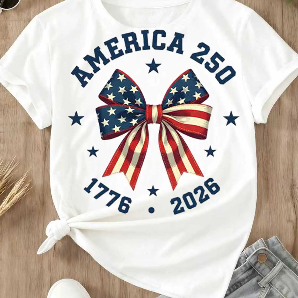 America 250 Stars And Stripes Bow Print T Shirt White Crew Neck Casual Top For Independence Day Celebration