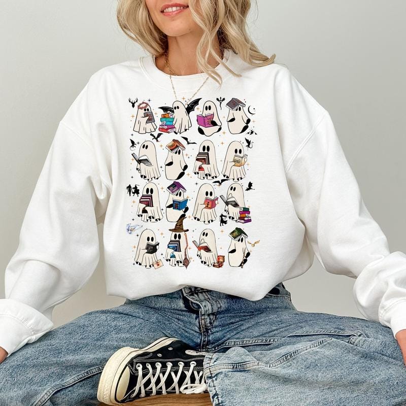 Retro Ghost Book Fantasy Sweatshirt, Halloween Book Shirt, Bookish Ghost Sweatshirt