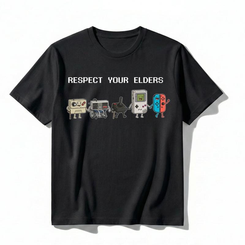 Funny "Respect Your Elders" Retro Gamer T-Shirt. Nostalgic 90s Pixel Art Controller Graphic Tee.  oversize Trend  Gift for Him Her Unisex Cotton Top