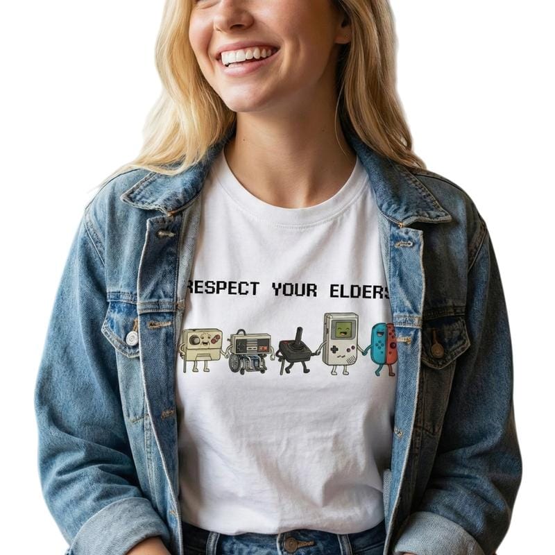 Funny "Respect Your Elders" Retro Gamer T-Shirt. Nostalgic 90s Pixel Art Controller Graphic Tee.  oversize Trend  Gift for Him Her Unisex Cotton Top