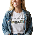 Funny "Respect Your Elders" Retro Gamer T-Shirt. Nostalgic 90s Pixel Art Controller Graphic Tee.  oversize Trend  Gift for Him Her Unisex Cotton Top