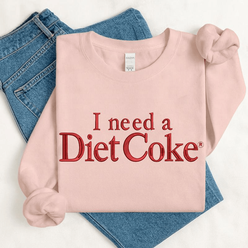 Embroidered I Need a Diet Coke Sweatshirt – Fashion Casual Long Sleeve Crewneck Pullover, Trendy Soda Lover Gift, Fun Bride Sweatshirt for Women