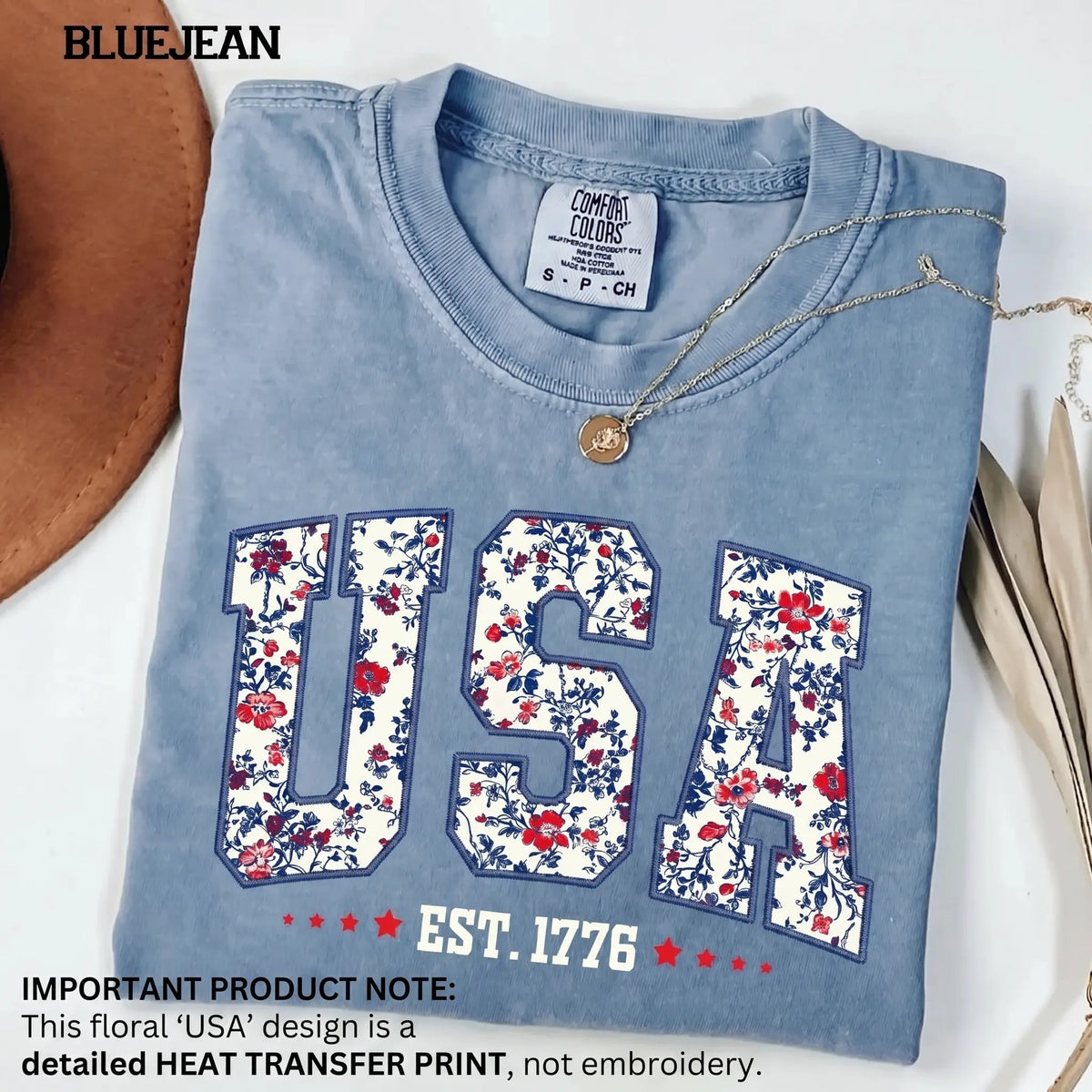 Faux Embroidered Floral USA Shirt | Comfort Colors Retro 4th of July Tee