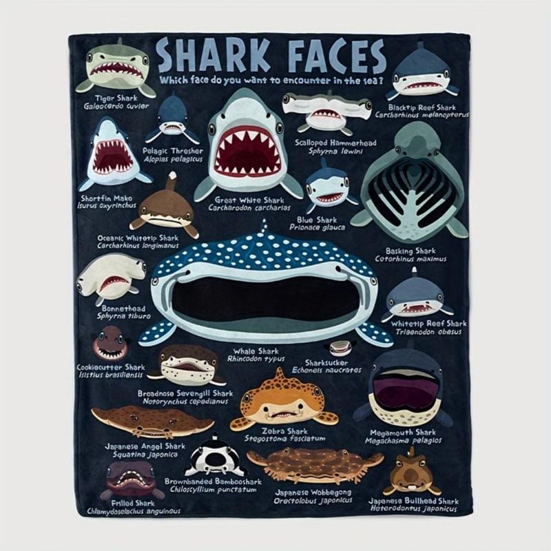 Soft Funny Throw Blanket Coastal Style Shark Faces Flannel All-Season Knitted,Multipurpose For Travel,Camping,Sofa Animal Theme Printed Blanket