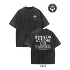 Men's Heavyweight 230gsm Cotton Vintage Washed T-Shirt - Dual-Sided "with God All Things Possible" & Cross Print, Loose Fit Hip Hop Streetwear, Round Neck Short Sleeve Casual Tee for Casual Attire, Ribbed Neckline Shirt Crewneck Knit Fabric Tshirt Knit