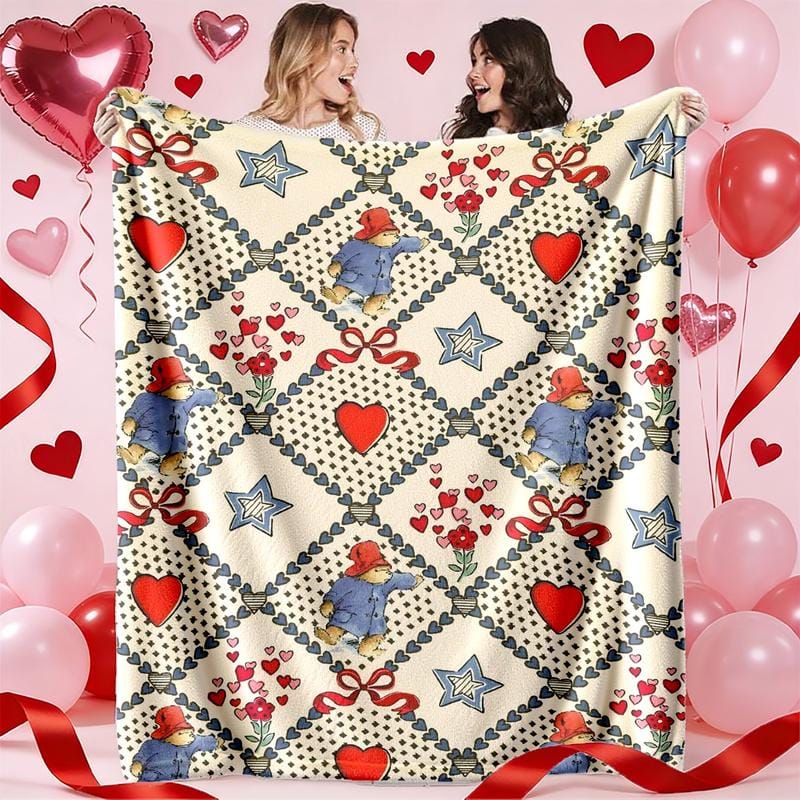 Valentine's Paddington Bear Heart Blanket, Plush Flannel Fabric for Warmth