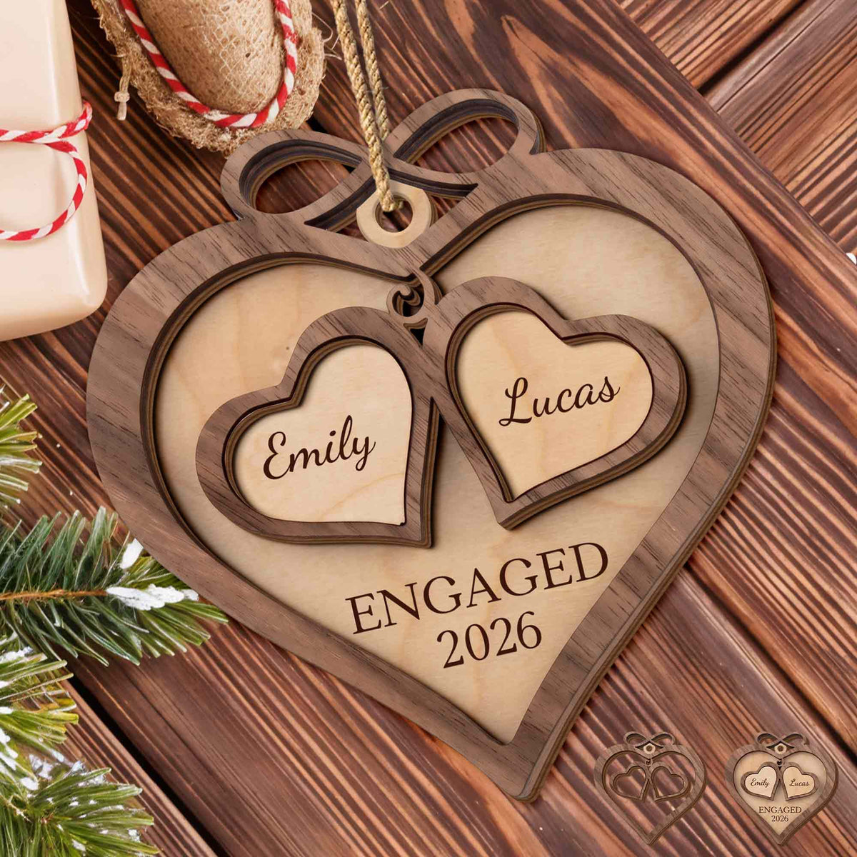 Engaged, Personalized Wood Ornament, Gift For Couples - 3