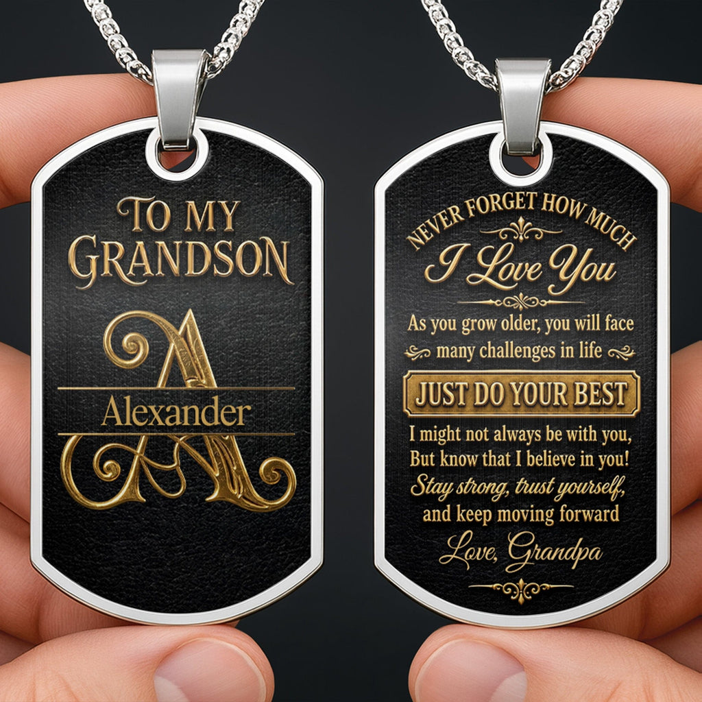 Almagems Custom "To My Grandson" Dog Tag Necklace - Personalized Stainless Steel Military Pendant - Graduation, Birthday Jewelry Gift for Grandson - 1