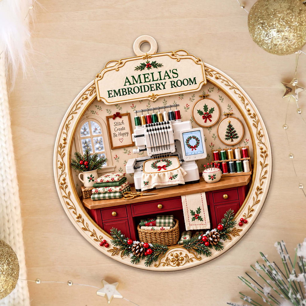 My Embroidery Room, Personalized Custom Wood Ornament, Gift For Crafters - 12
