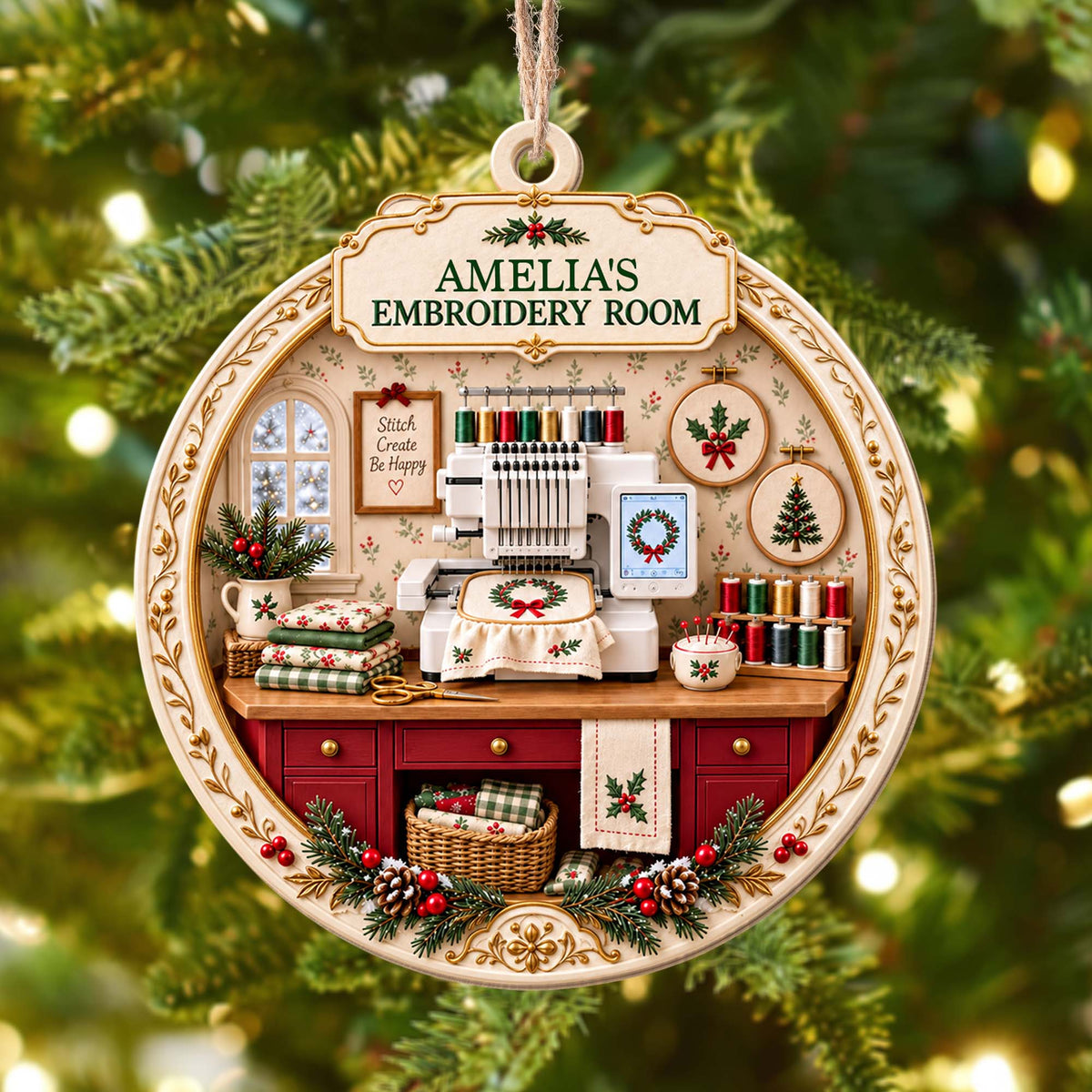 My Embroidery Room, Personalized Custom Wood Ornament, Gift For Crafters - 4