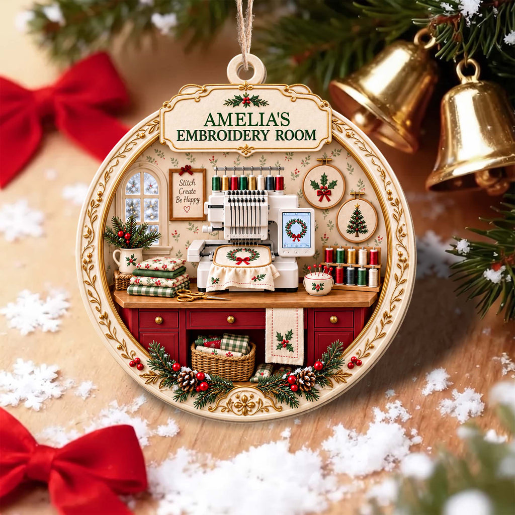 My Embroidery Room, Personalized Custom Wood Ornament, Gift For Crafters - 7