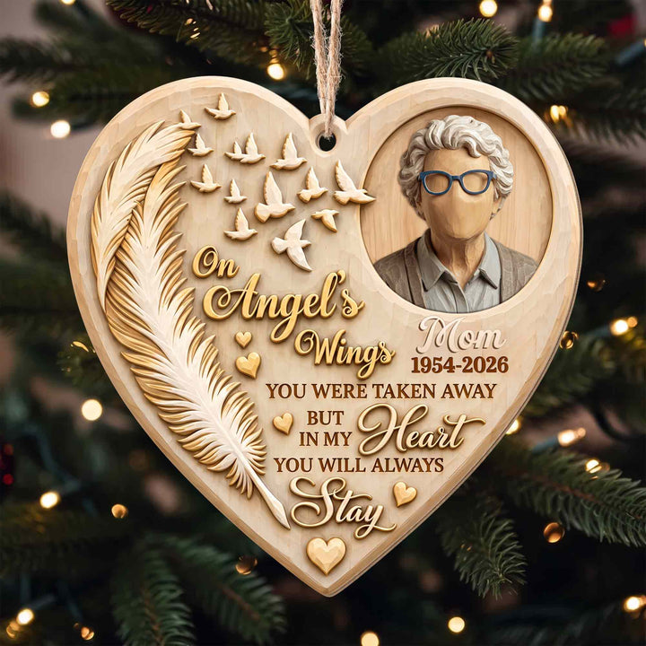 On Angel's Wings, Personalized Custom Wood Ornament, Memorial Gift