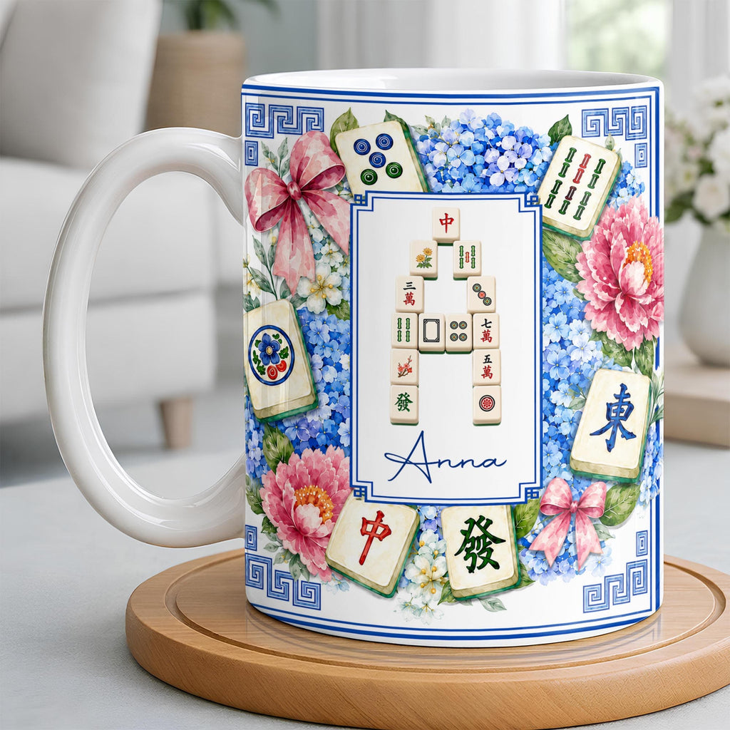 Mahjong Letter And Floral Initial, Personalized Coffee Mug, Gift For Mahjong Lovers - 2