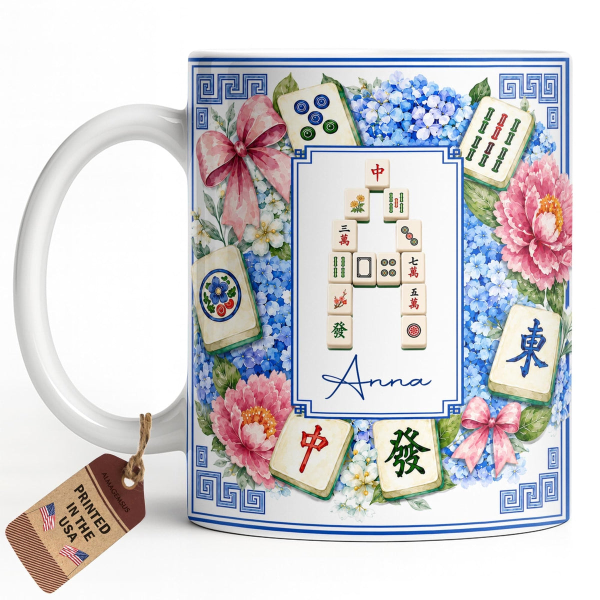Mahjong Letter And Floral Initial, Personalized Coffee Mug, Gift For Mahjong Lovers - 14
