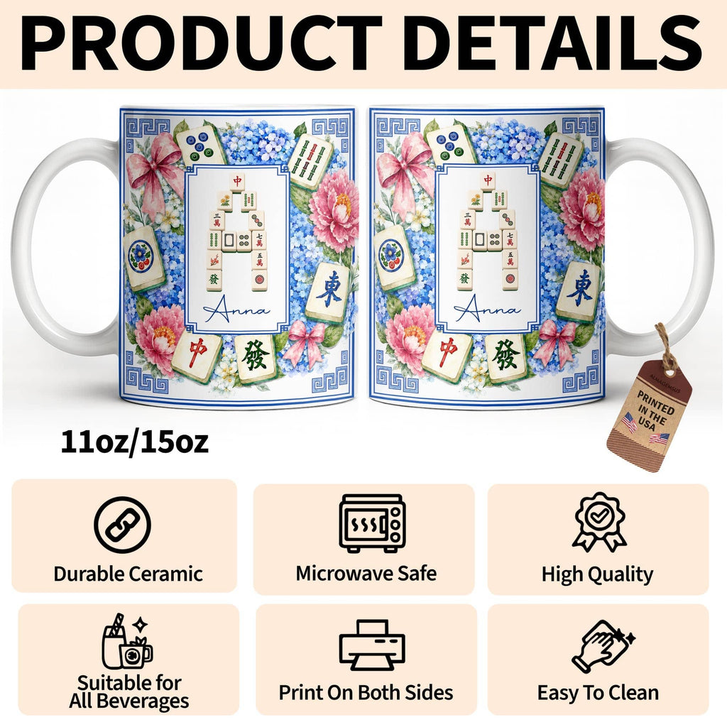 Mahjong Letter And Floral Initial, Personalized Coffee Mug, Gift For Mahjong Lovers - 13