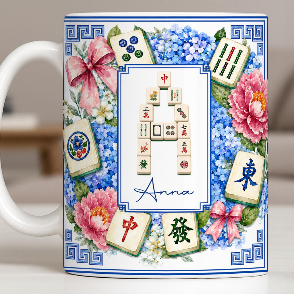 Mahjong Letter And Floral Initial, Personalized Coffee Mug, Gift For Mahjong Lovers - 10