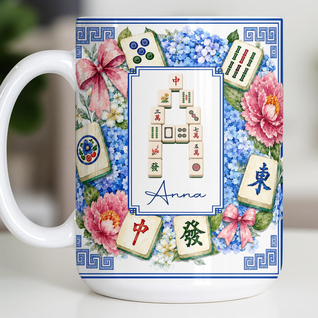 Mahjong Letter And Floral Initial, Personalized Coffee Mug, Gift For Mahjong Lovers - 11
