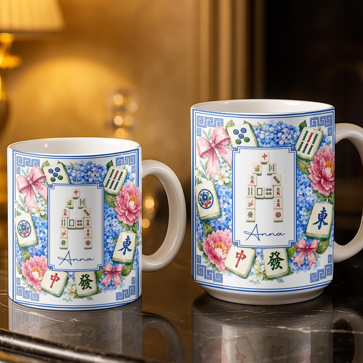 Mahjong Letter And Floral Initial, Personalized Coffee Mug, Gift For Mahjong Lovers - 3