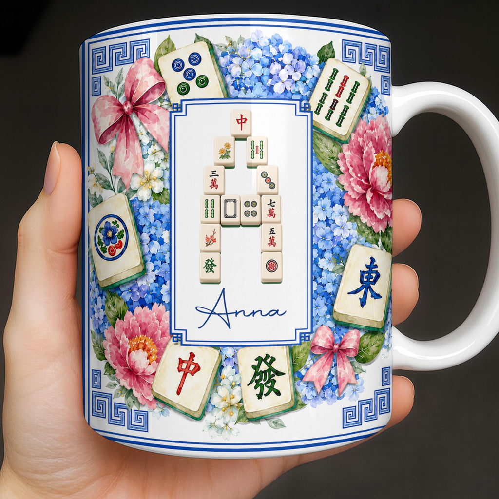 Mahjong Letter And Floral Initial, Personalized Coffee Mug, Gift For Mahjong Lovers - 1