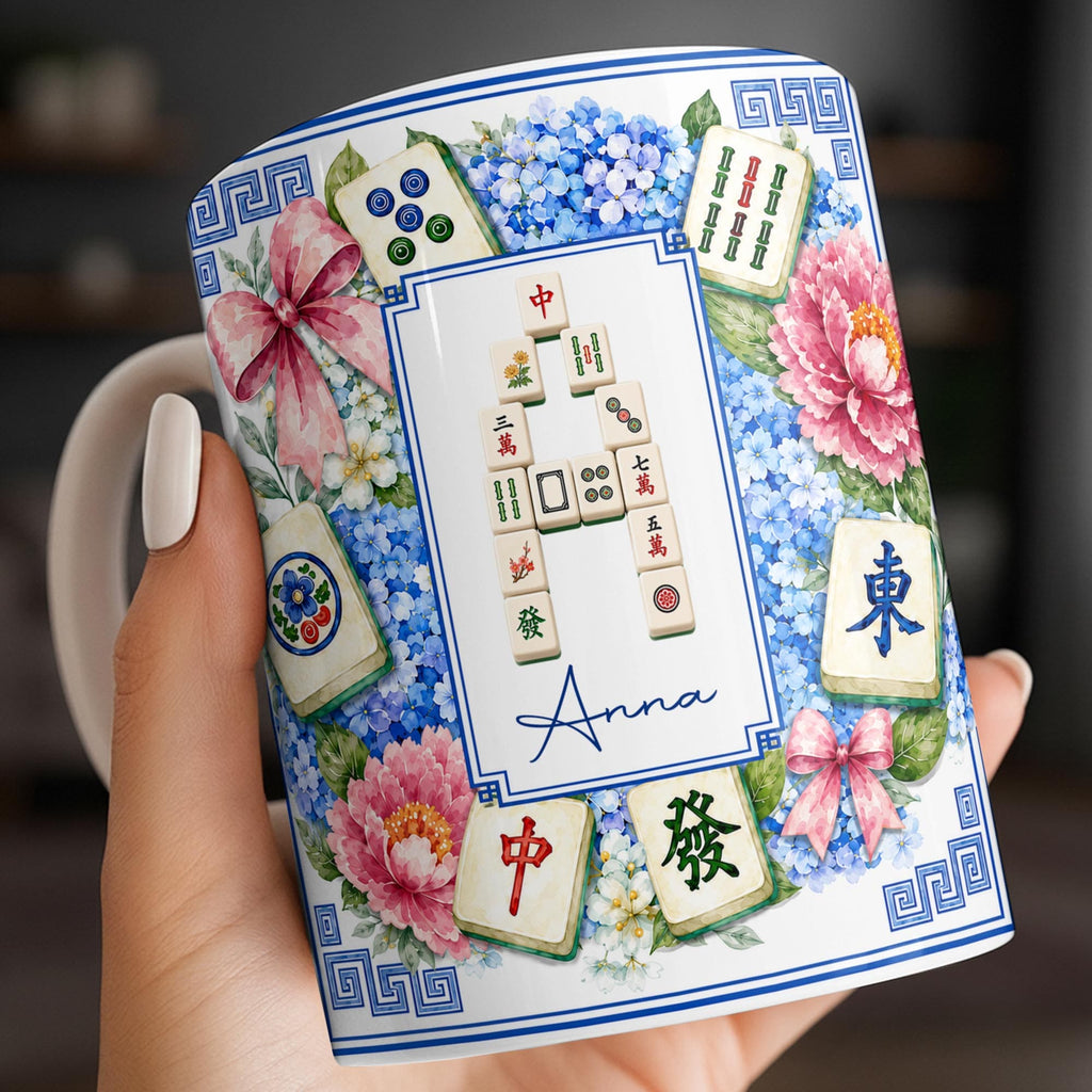 Mahjong Letter And Floral Initial, Personalized Coffee Mug, Gift For Mahjong Lovers - 5