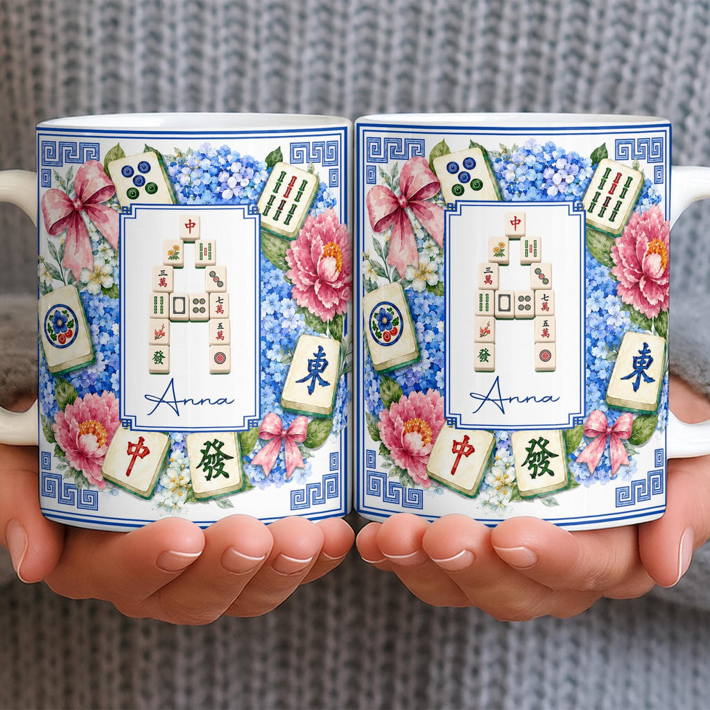 Mahjong Letter And Floral Initial, Personalized Coffee Mug, Gift For Mahjong Lovers - 6