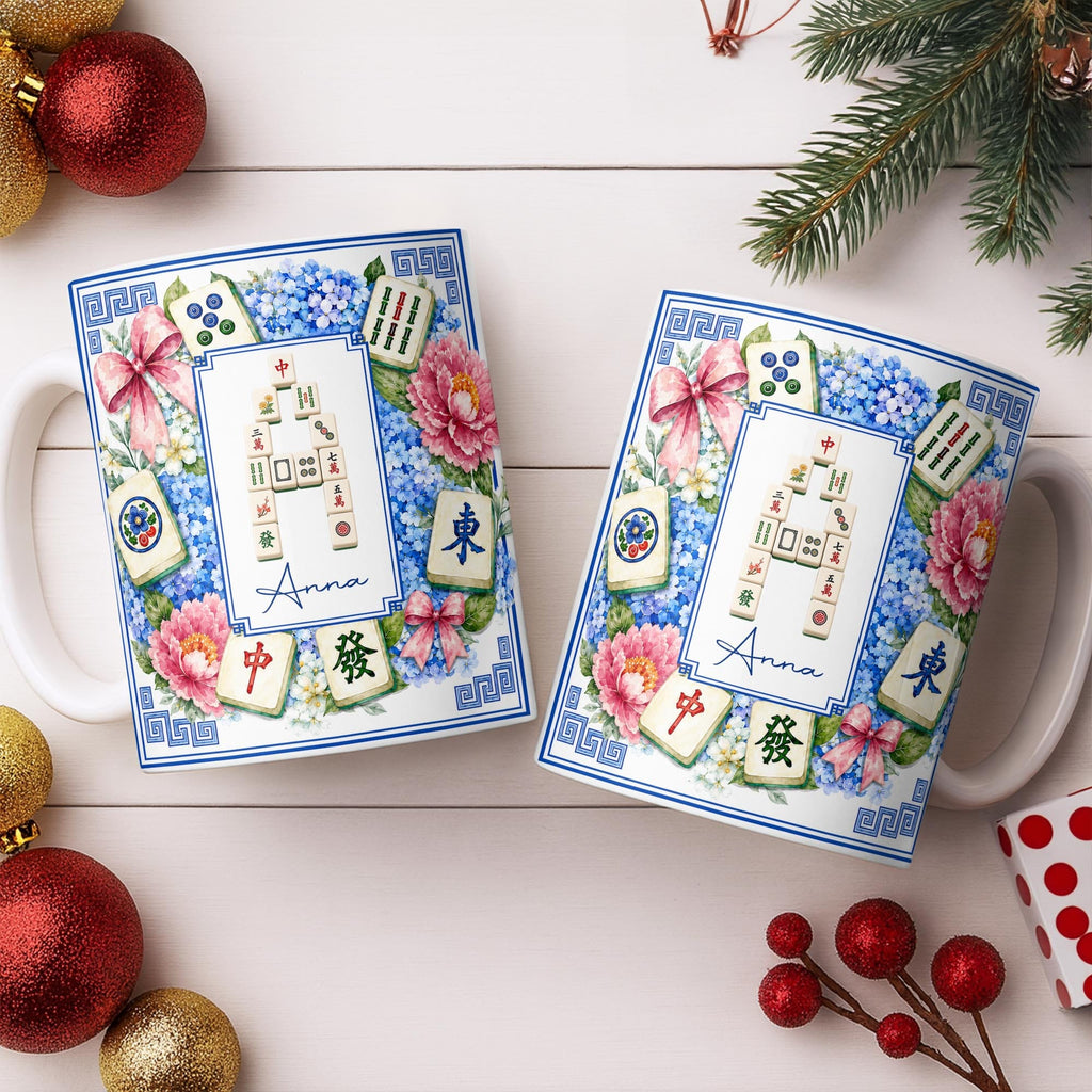 Mahjong Letter And Floral Initial, Personalized Coffee Mug, Gift For Mahjong Lovers - 7