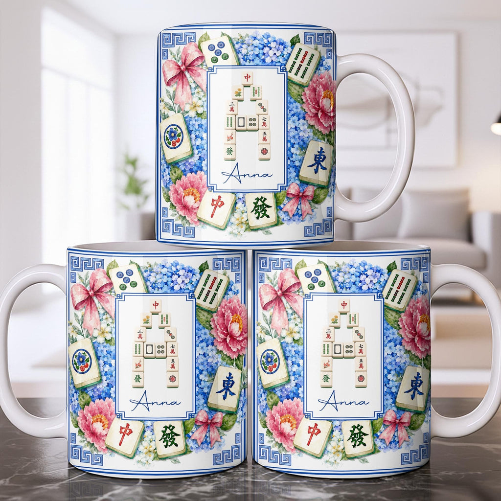 Mahjong Letter And Floral Initial, Personalized Coffee Mug, Gift For Mahjong Lovers - 8